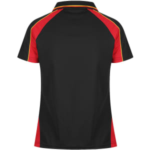 A black polo shirt with red and yellow accents, featuring a collar and short sleeves, and a logo.