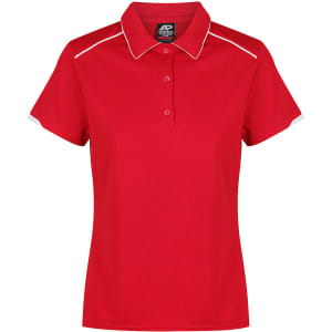 A red polo shirt with a collared neck, featuring white accents and a branding logo on the tag.