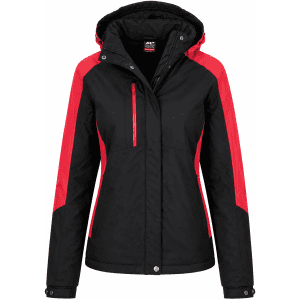 A black and red jacket with a hood, featuring a zippered pocket and a logo.