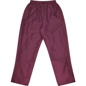 Maroon track pants featuring a smooth finish and zippered pockets, designed for kids.