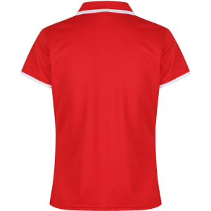 A red polo shirt with a white collar and sleeve detailing, featuring a logo on the front.