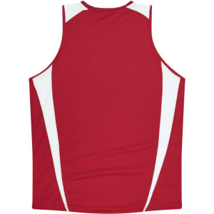 A red singlet with white accents on the sides and a logo. Suitable for active wear.