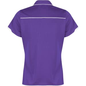 A purple polo shirt with a back view, featuring a white trim and short sleeves. It has a logo.