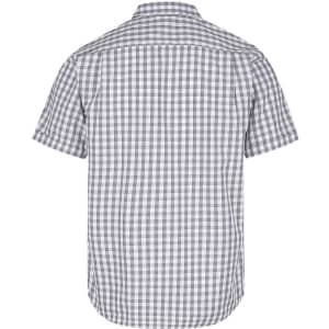 A short-sleeve button-up shirt in a grey and white checkered pattern, featuring a back yoke and branded logo.