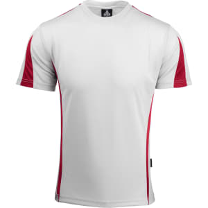 A short-sleeved men's T-shirt in white with red side panels, featuring a logo on the neckline.