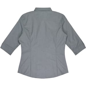 A grey button-up shirt with 3/4 sleeves and a fitted design, featuring a collar and back seams.
