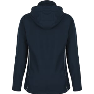 A dark navy soft shell jacket with a hood, featuring a sleek design and contrasting side seams.