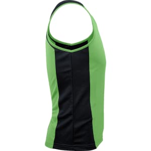 A green and black men's singlet with a fitted design and a logo on it.