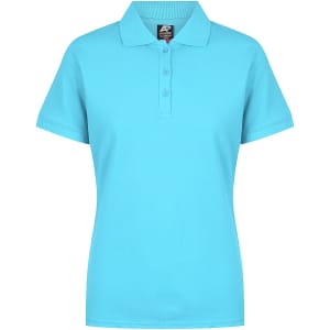 A turquoise polo shirt with a collar and three-button placket, featuring a logo on the upper left side.