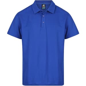 A blue polo shirt featuring a collar and three buttons, with a small logo on the chest.