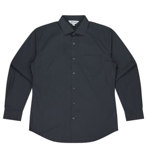 A long sleeve button-up shirt in dark grey, featuring one chest pocket and a collar. Includes a branding logo.