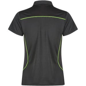 A black polo shirt with contrasting green accents and a logo. Designed for women's fit.