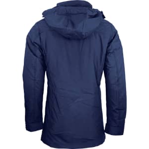 A navy blue men's jacket with a hood, featuring a logo. The design is simple and modern.