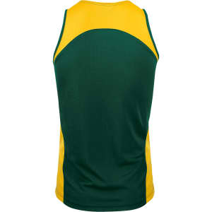 A green and yellow men's singlet featuring a fitted design and a logo on the back.