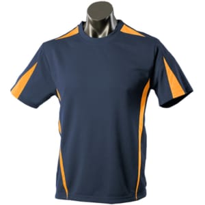 A navy blue T-shirt with orange accents, displayed on a mannequin. It features a logo on the chest.