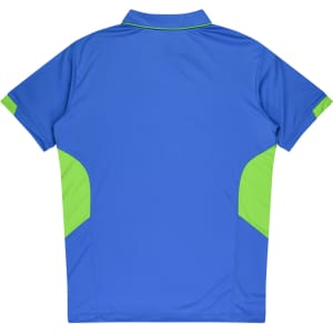A blue polo shirt with green accents on the sides and a plain back. It features a logo on the front.