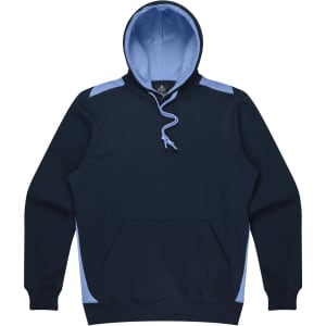 A navy blue hoodie with light blue accents, featuring a pouch pocket and a drawstring hood. It has a logo.