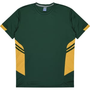 A green t-shirt featuring yellow accents and a logo, designed for kids.