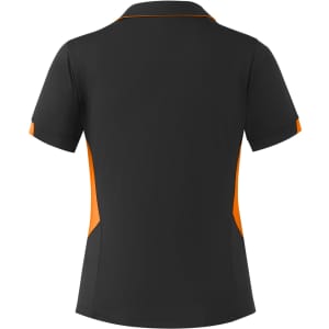A black polo shirt with orange accents, featuring a tailored fit and a collar. It has a logo on the garment.