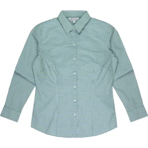 A green and white check button-up long sleeve shirt with a collar. It features a branding logo.
