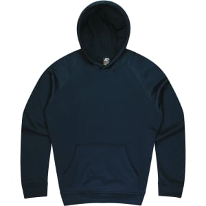 A navy blue hoodie featuring a kangaroo pocket and a hood, with a logo on the label.