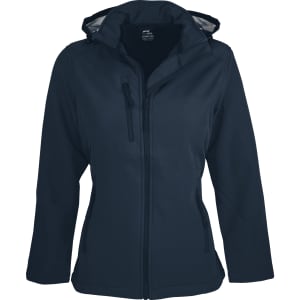 A navy soft shell jacket with a hood, featuring zippered pockets and a fitted design. It has a branding logo.