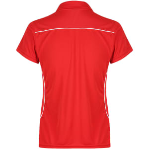 A red polo shirt with a collared neckline and white piping details, featuring a logo.