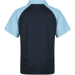 A polo shirt featuring a black body with light blue sleeves, designed for children. It has a logo on the back.