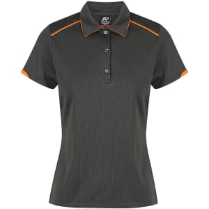 A grey polo shirt with a collar and short sleeves, featuring orange accents and a logo on the chest.