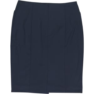 A knee-length black skirt with a zip closure and pleat detailing, featuring two side pockets.