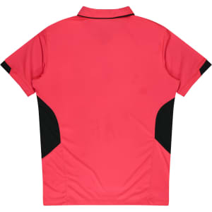 A pink polo shirt featuring black side panels and a collar, with a logo on the back.