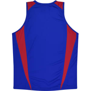 A blue singlet with red and blue accents, featuring a logo on the front.