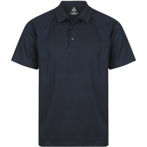 A navy blue polo shirt with a collar and buttons, featuring a logo on the front.