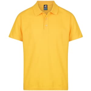 A yellow polo shirt with a collar and button placket, featuring a logo on the label.