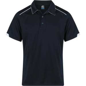 A navy polo shirt with white detailing and a logo, featuring a classic collar and short sleeves.
