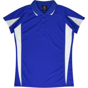 A blue polo shirt with white accents and a collar, featuring a logo on the chest area.