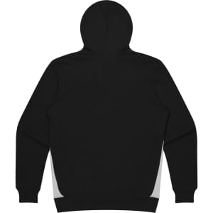A black hoodie with a hood and contrasting side panels. Features a logo on the back.