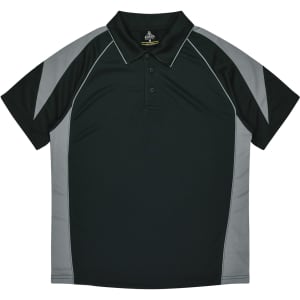 A dark green polo shirt with grey side panels and a collar, featuring a logo.