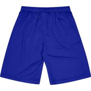 Blue sports shorts featuring an elastic waistband and a plain design. Contains a logo.