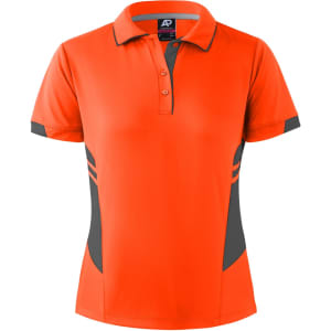 An orange polo shirt with grey accents, featuring a collar and a logo on the neck.