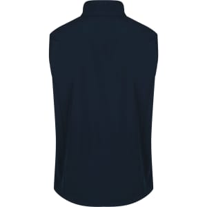 A dark navy work vest with a high collar and no sleeves, featuring branding on the back.
