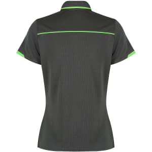 A dark green polo shirt featuring vibrant green accents and a logo. The back view displays a sleek design.