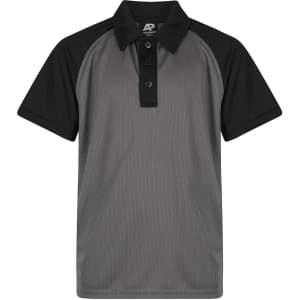 A grey and black polo shirt with a collar and button placket, featuring a logo on the chest area.
