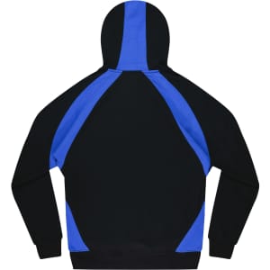 A black and blue hoodie with a large hood and contrasting colour panels on the back. Features a logo.