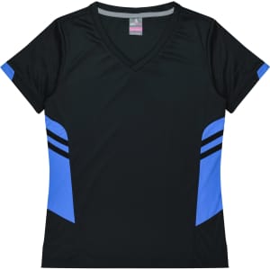 A black women's t-shirt with blue accents and a V-neck design, featuring brand logos.