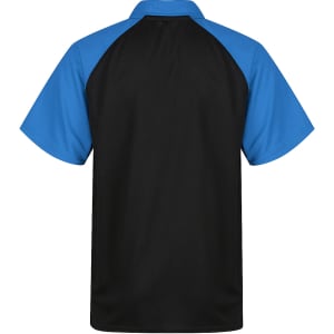 A black and blue polo shirt featuring a short-sleeve design and a branded logo.