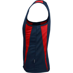A navy singlet featuring red stripes along the sides, with a branding logo on the lower hem.