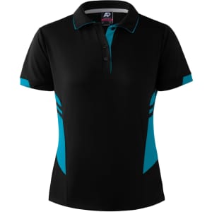 A black polo shirt with turquoise accents and a logo. It features a collar and button placket.
