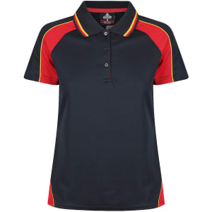 A navy polo shirt featuring red and yellow accents, with a collar and a logo on the chest.