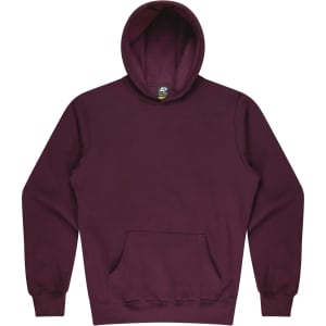 A maroon kids' hoodie featuring a front pocket and a large hood. The hoodie includes a logo on the inside label.